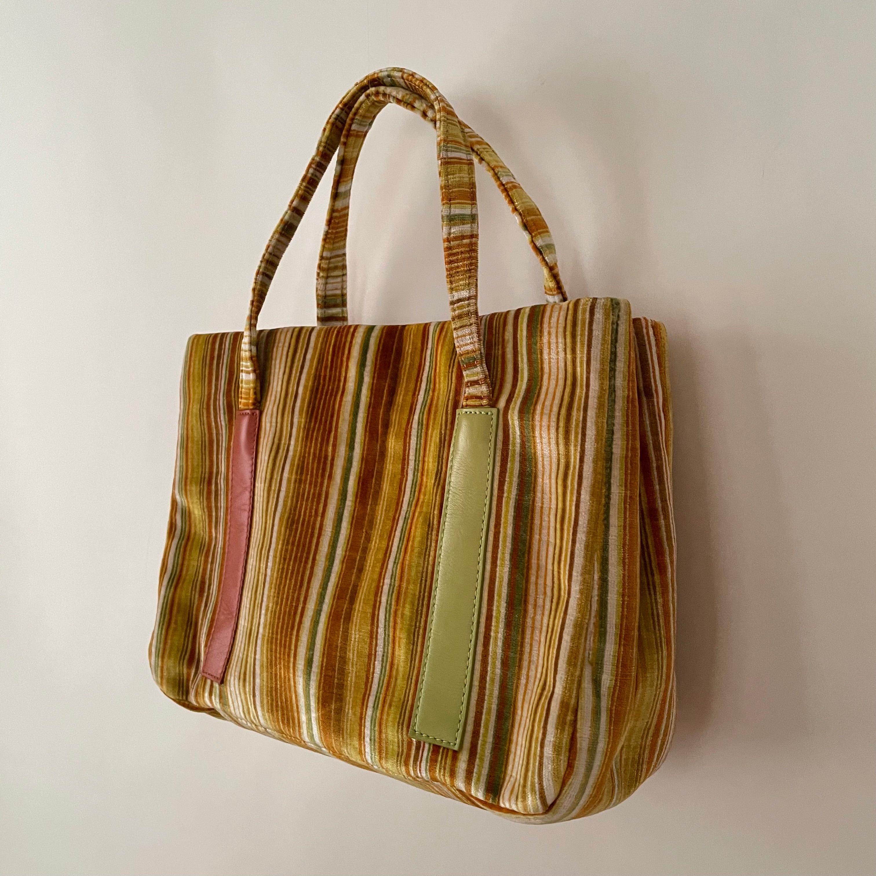 Premium Collection | Vintage Chenille Fabric Hand Bag with Rust and Lime Leather Accents | Yellow