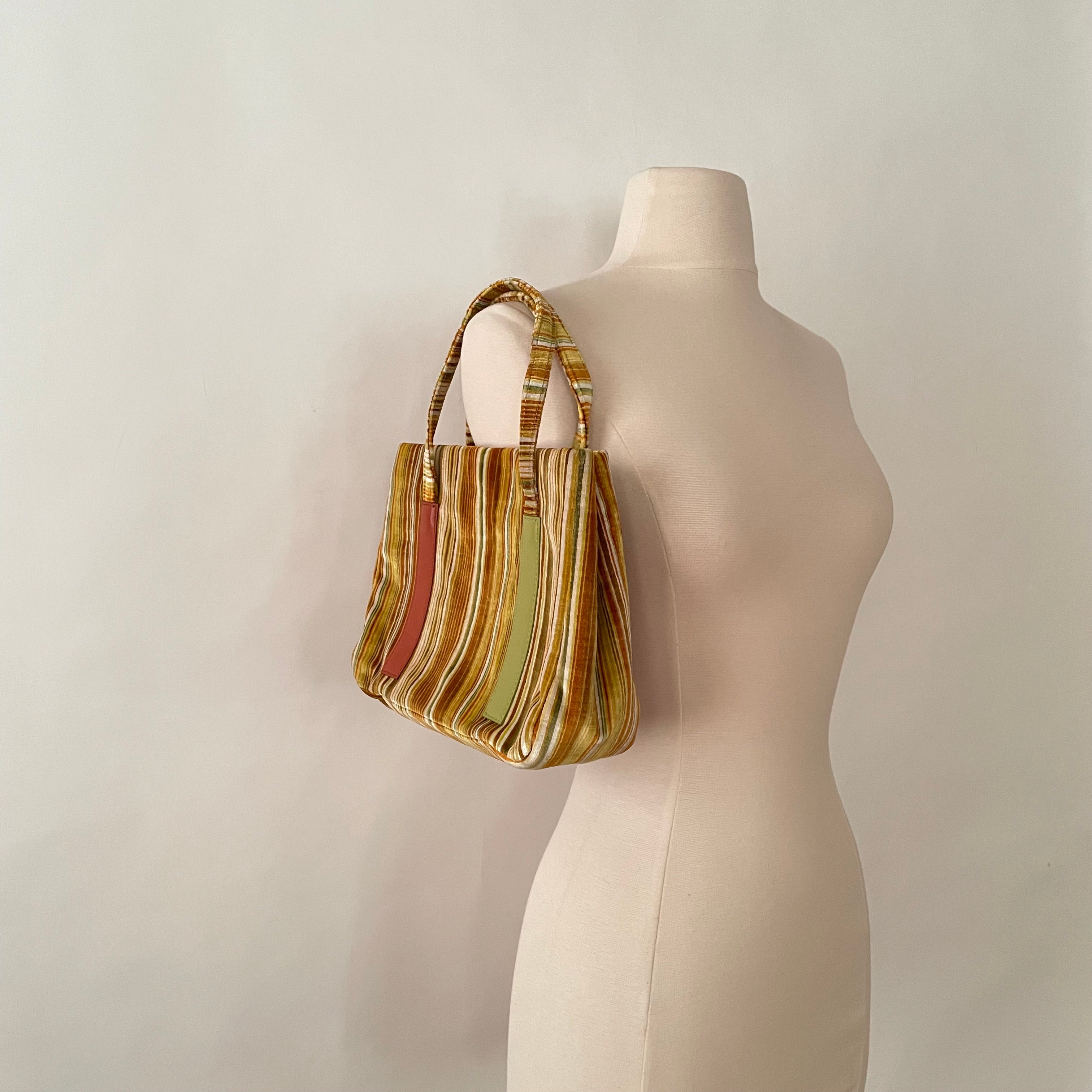Premium Collection | Vintage Chenille Fabric Hand Bag with Rust and Lime Leather Accents | Yellow