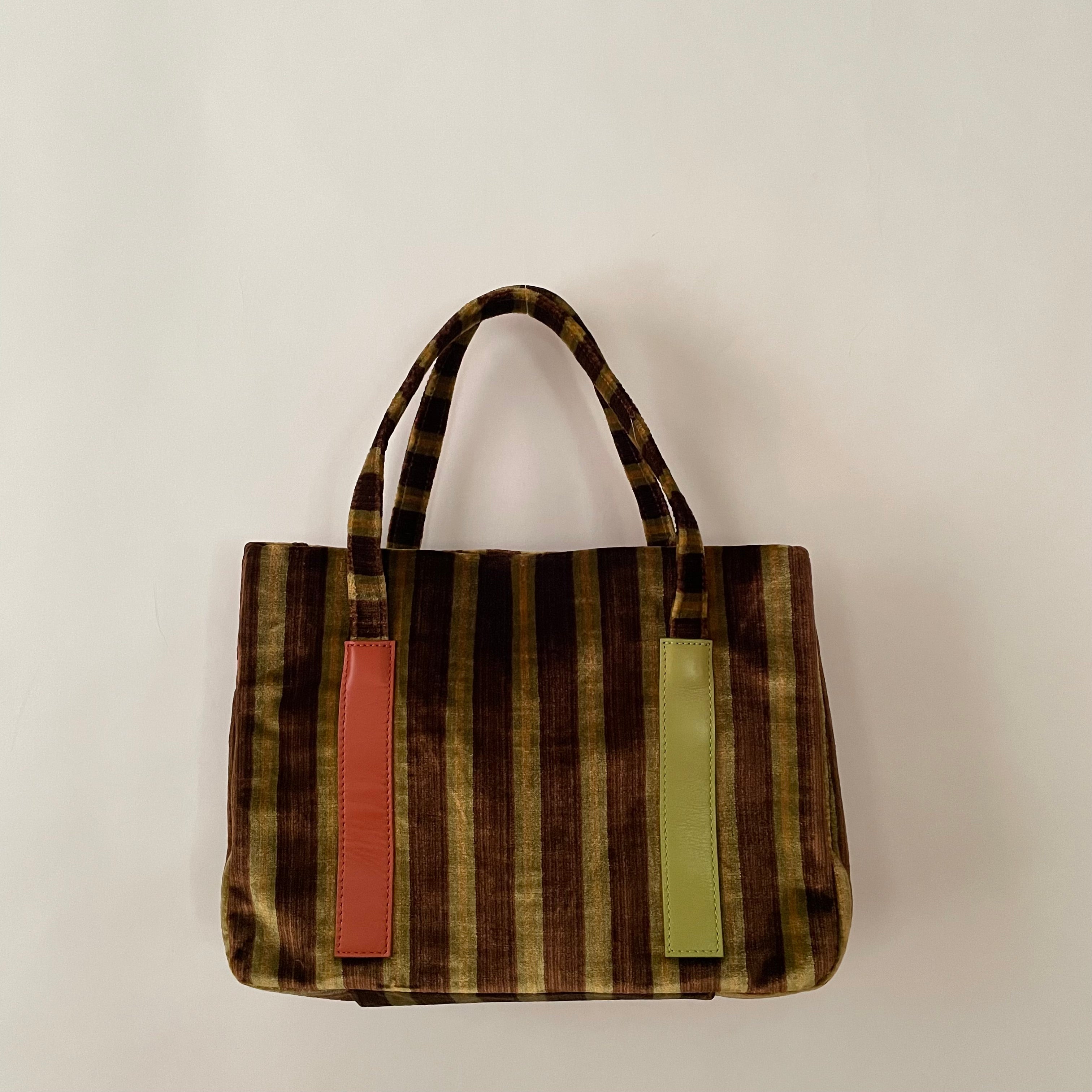 Premium Collection | Vintage Chenille Fabric Hand Bag with Rust and Lime Leather Accents | Brown