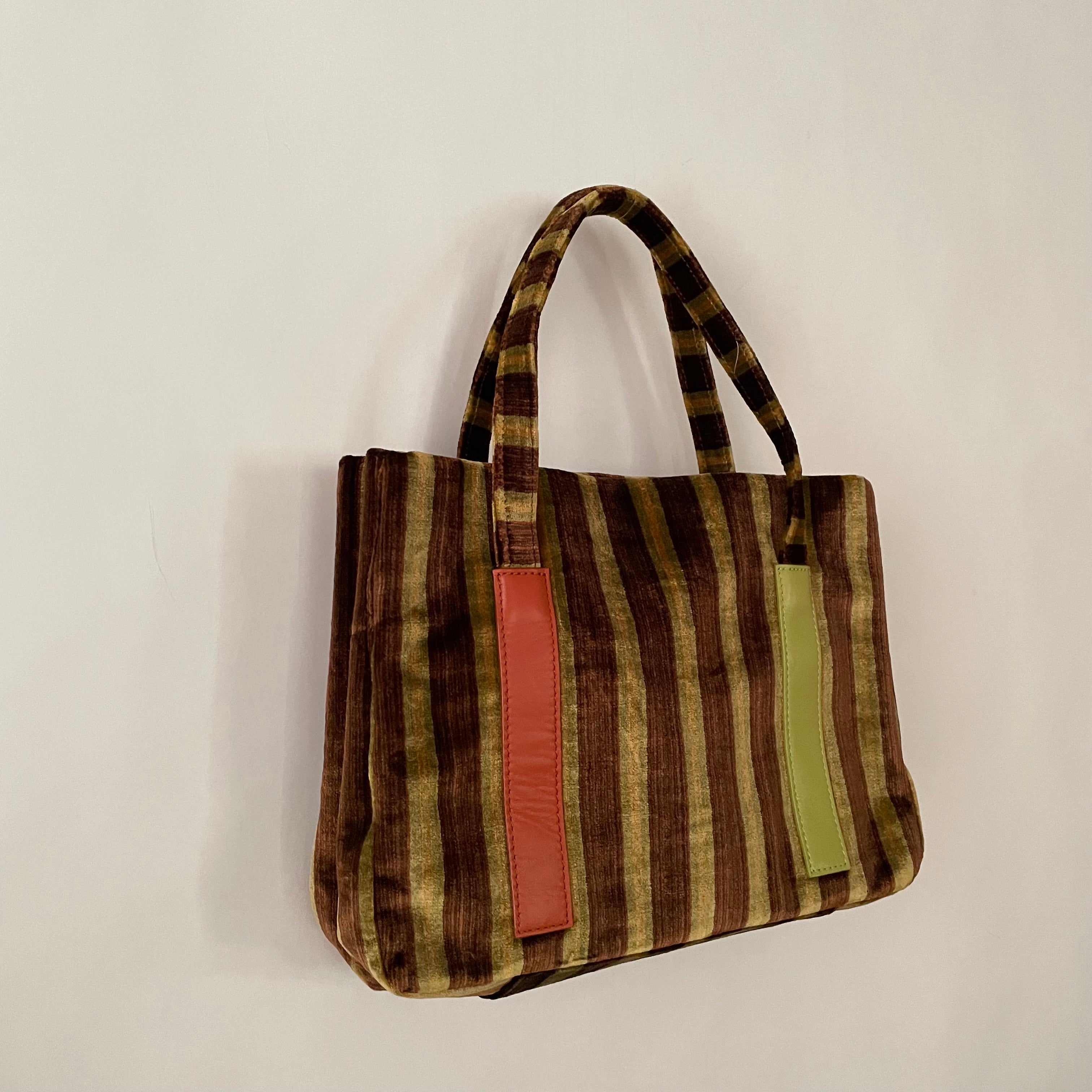 Premium Collection | Vintage Chenille Fabric Hand Bag with Rust and Lime Leather Accents | Brown