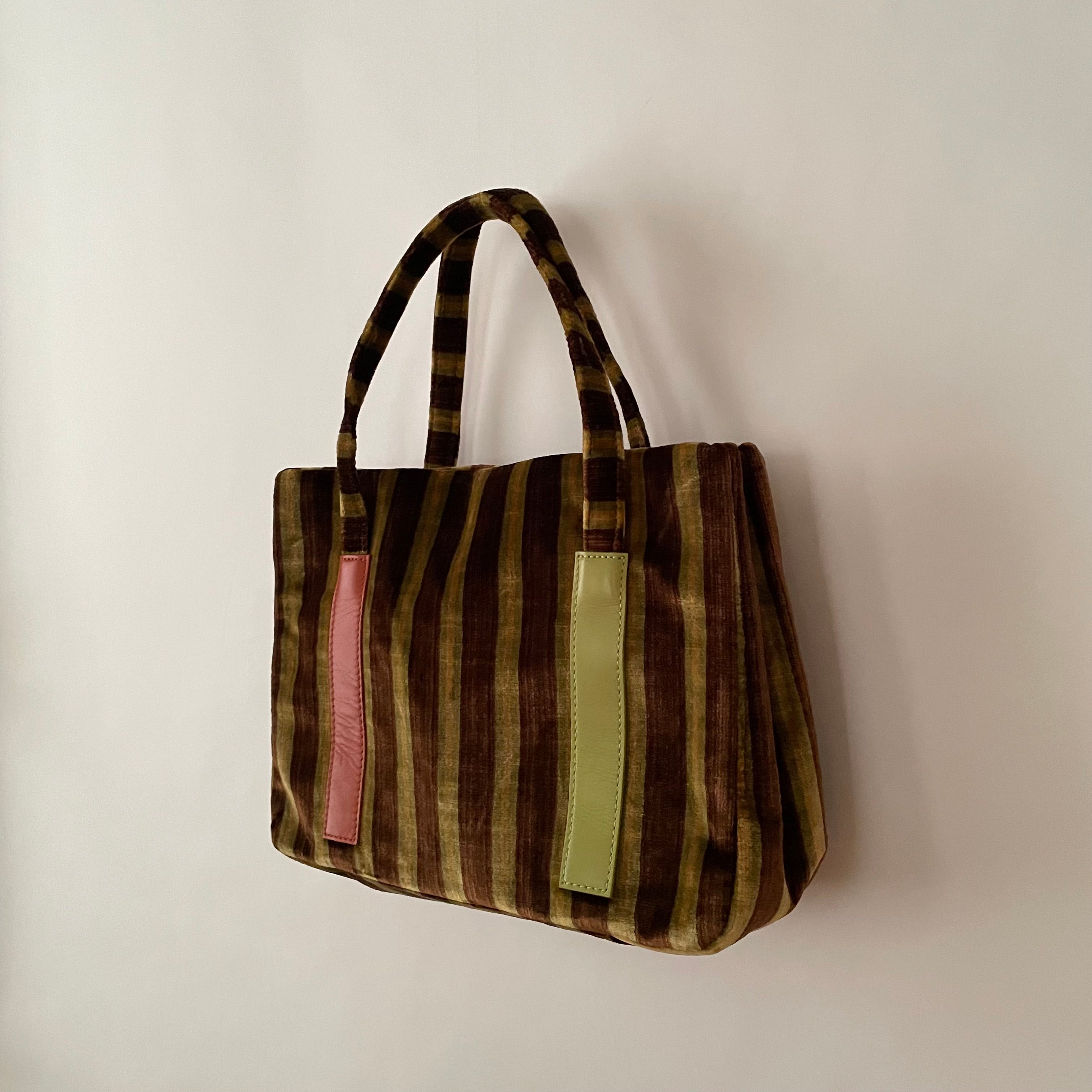 Premium Collection | Vintage Chenille Fabric Hand Bag with Rust and Lime Leather Accents | Brown