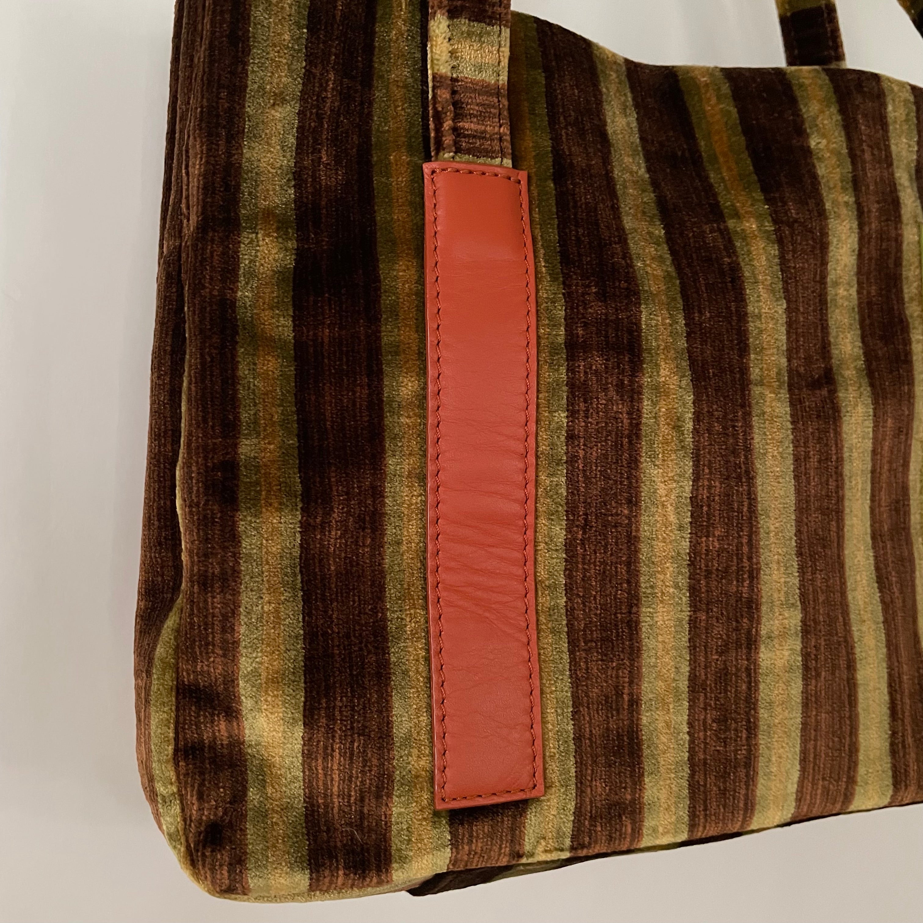 Premium Collection | Vintage Chenille Fabric Hand Bag with Rust and Lime Leather Accents | Brown