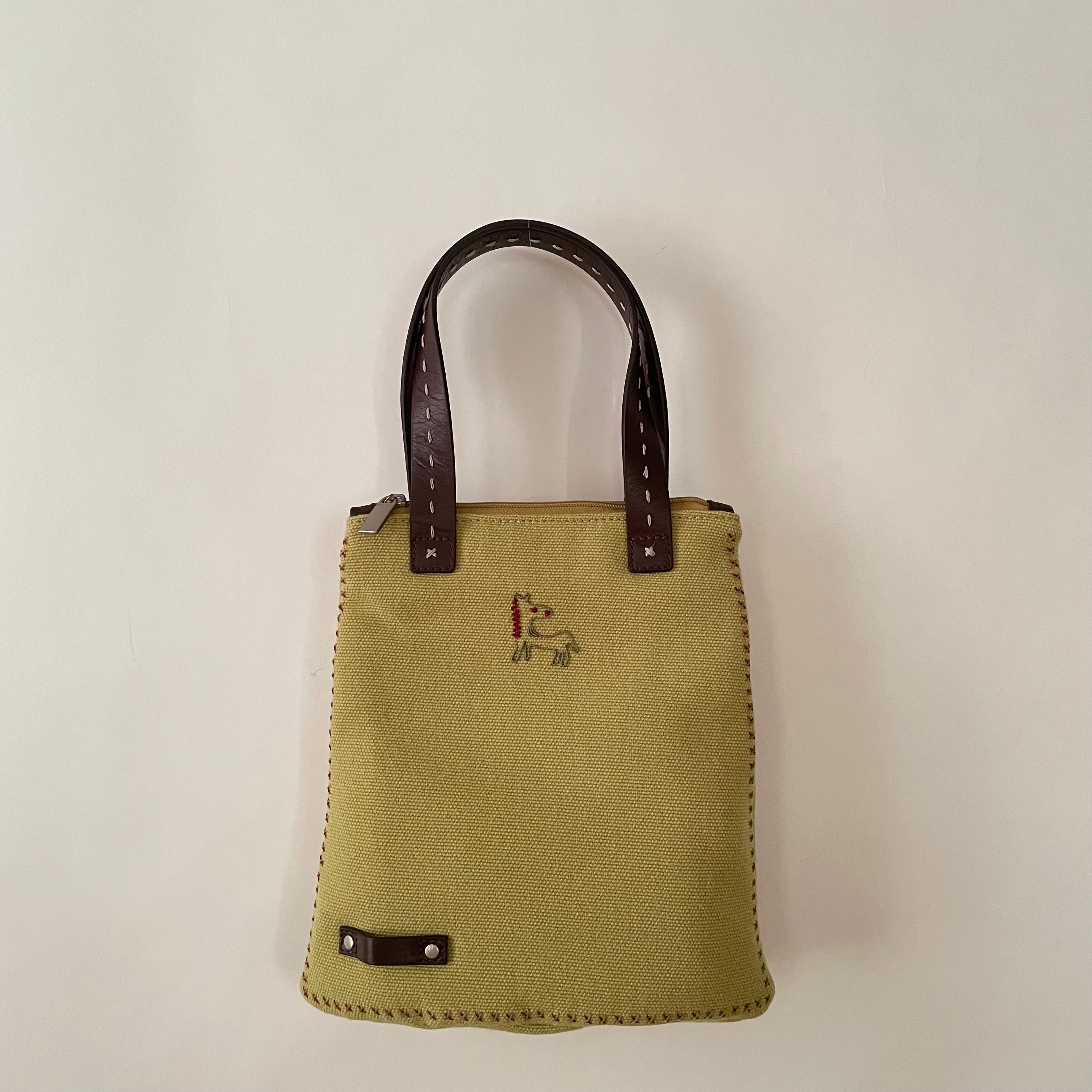 Premium Collection | Vintage Wool Fabric Mini Hand Bag with Leather Accents and Pony Embroidery | Lime x Chocolate