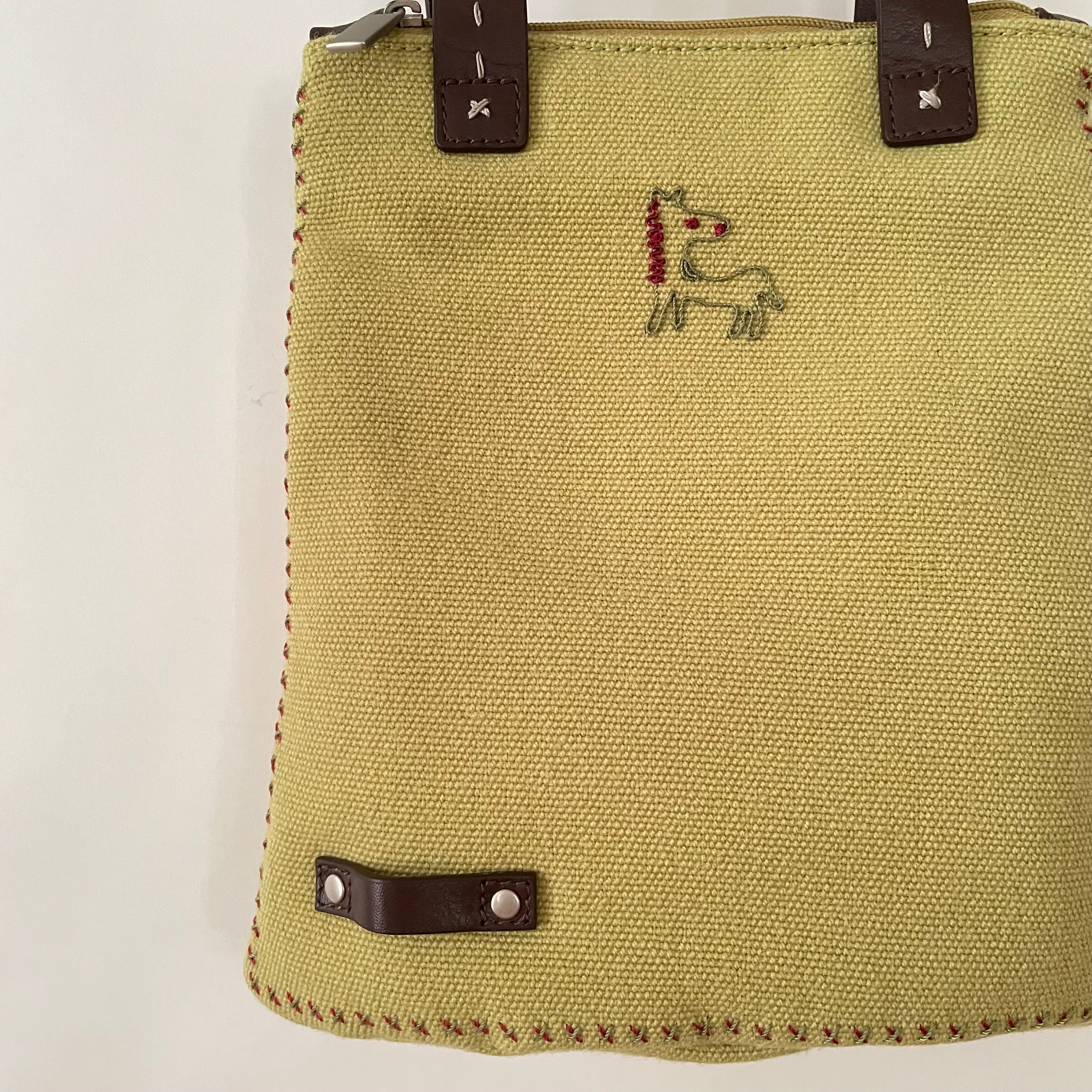 Premium Collection | Vintage Wool Fabric Mini Hand Bag with Leather Accents and Pony Embroidery | Lime x Chocolate