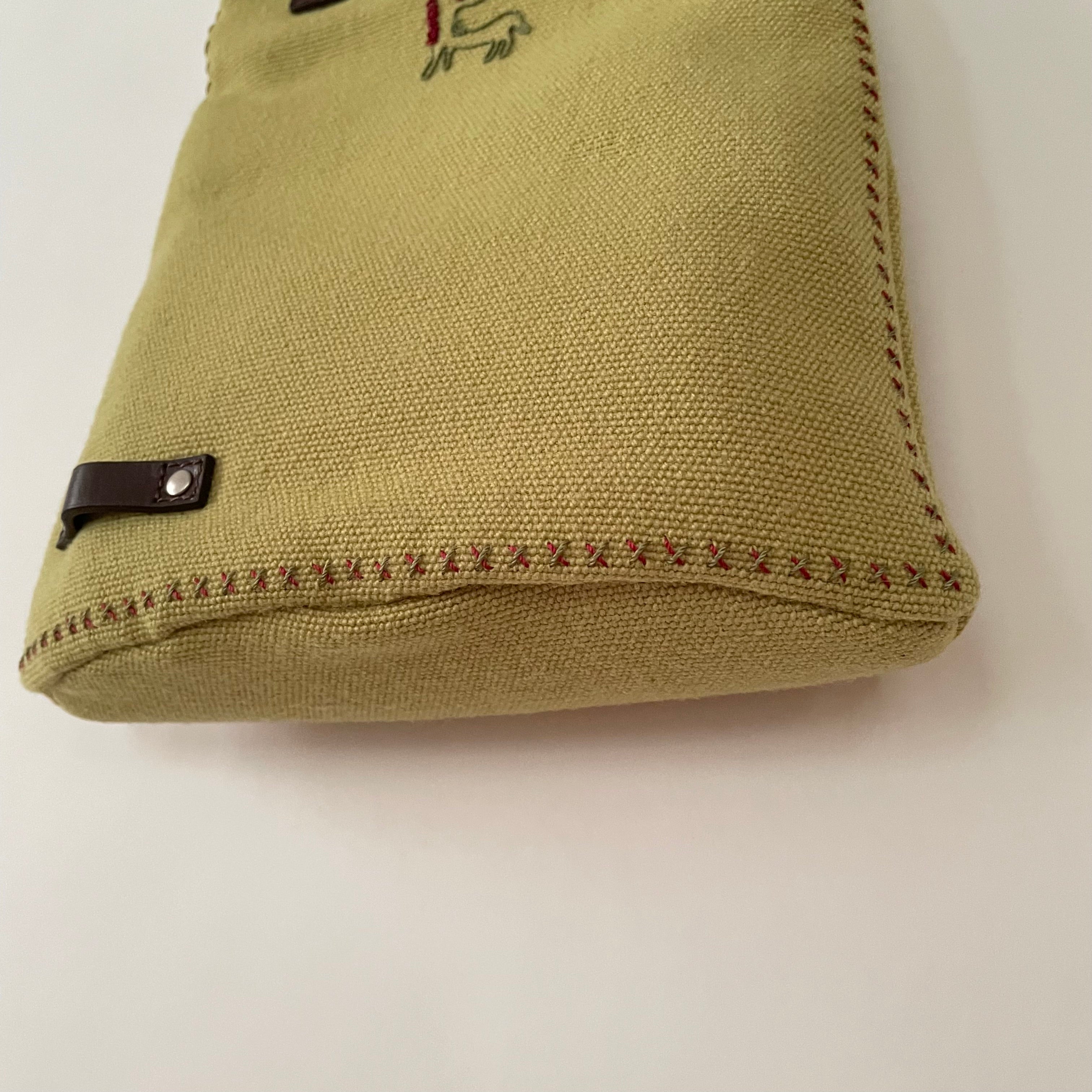 Premium Collection | Vintage Wool Fabric Mini Hand Bag with Leather Accents and Pony Embroidery | Lime x Chocolate