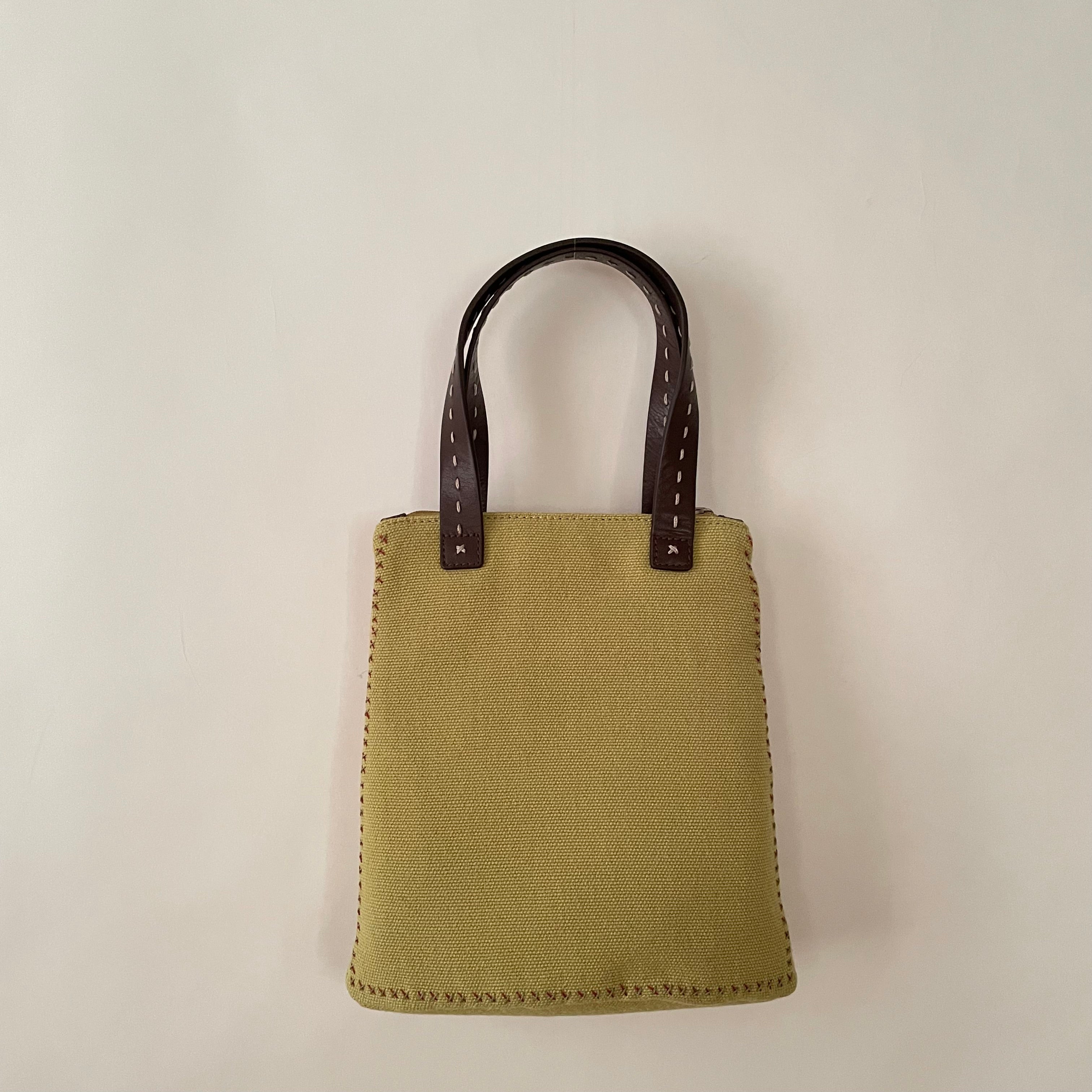 Premium Collection | Vintage Wool Fabric Mini Hand Bag with Leather Accents and Pony Embroidery | Lime x Chocolate