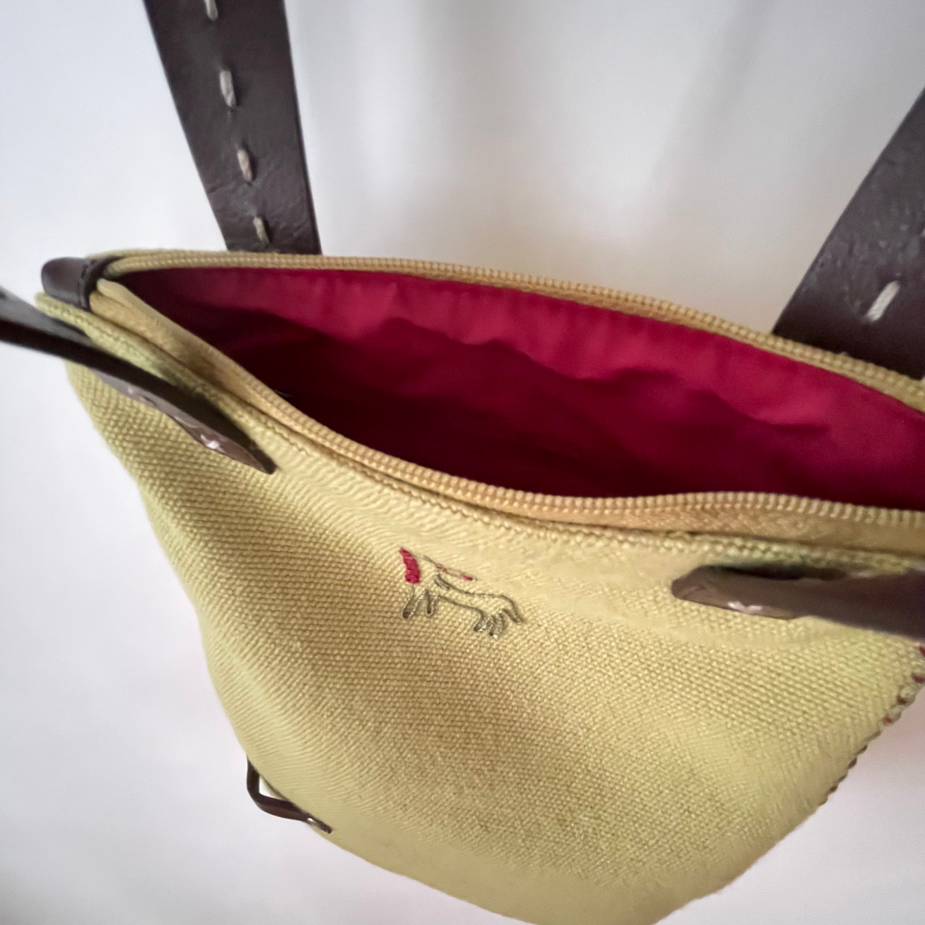 Premium Collection | Vintage Wool Fabric Mini Hand Bag with Leather Accents and Pony Embroidery | Lime x Chocolate