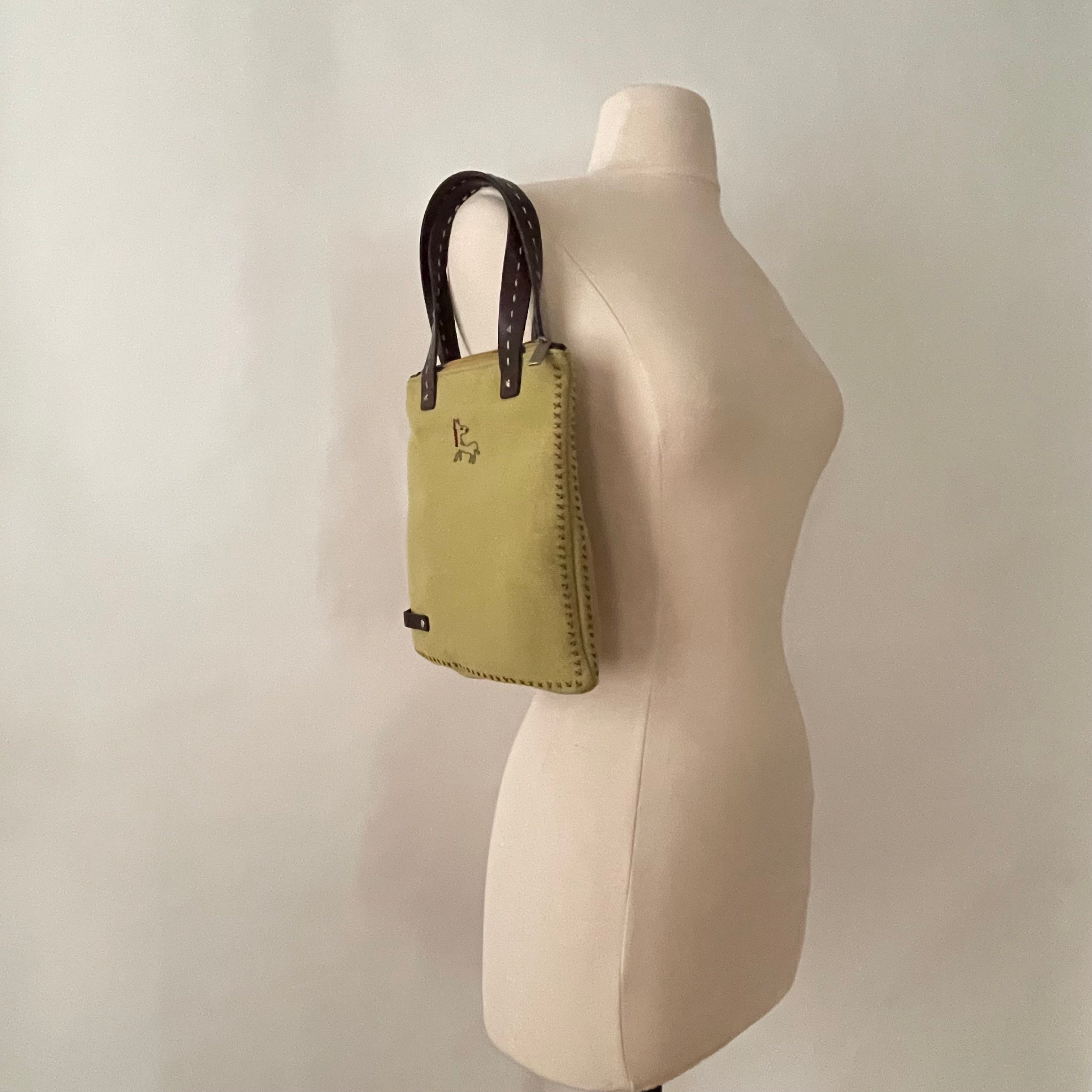 Premium Collection | Vintage Wool Fabric Mini Hand Bag with Leather Accents and Pony Embroidery | Lime x Chocolate