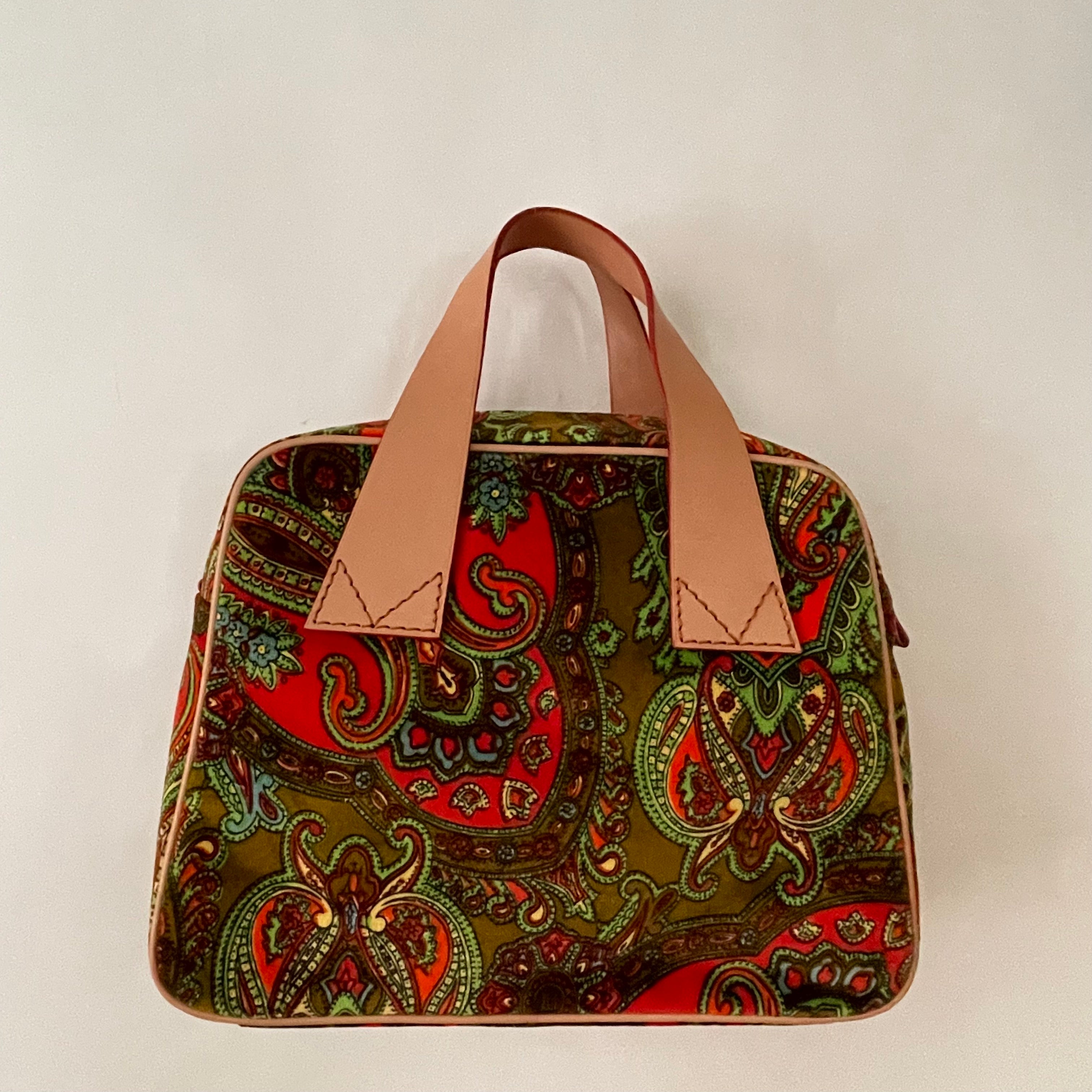 Premium Collection | Vintage Velour Paisley Hand Bag with Leather Straps | Green x Orange x Ochre