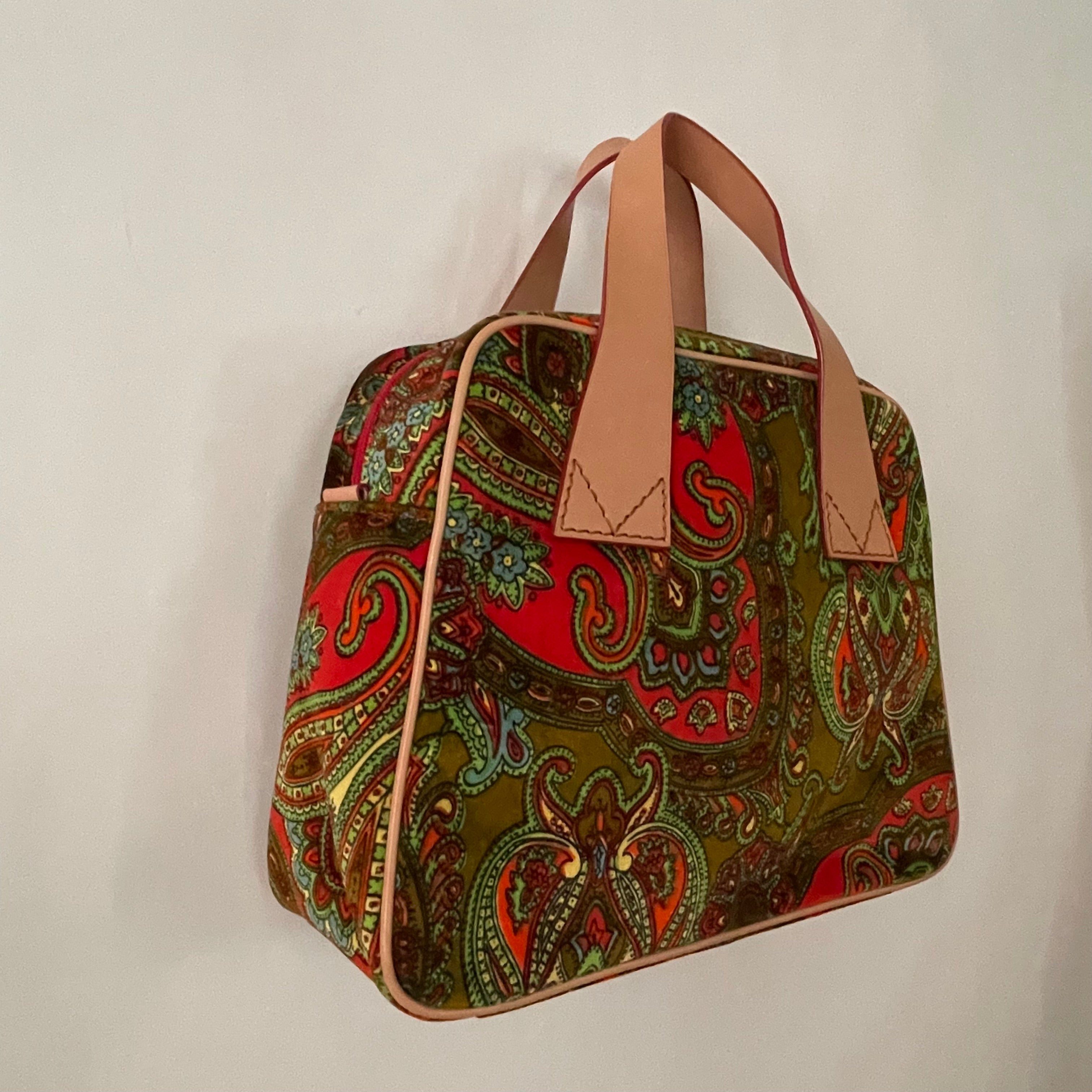 Premium Collection | Vintage Velour Paisley Hand Bag with Leather Straps | Green x Orange x Ochre