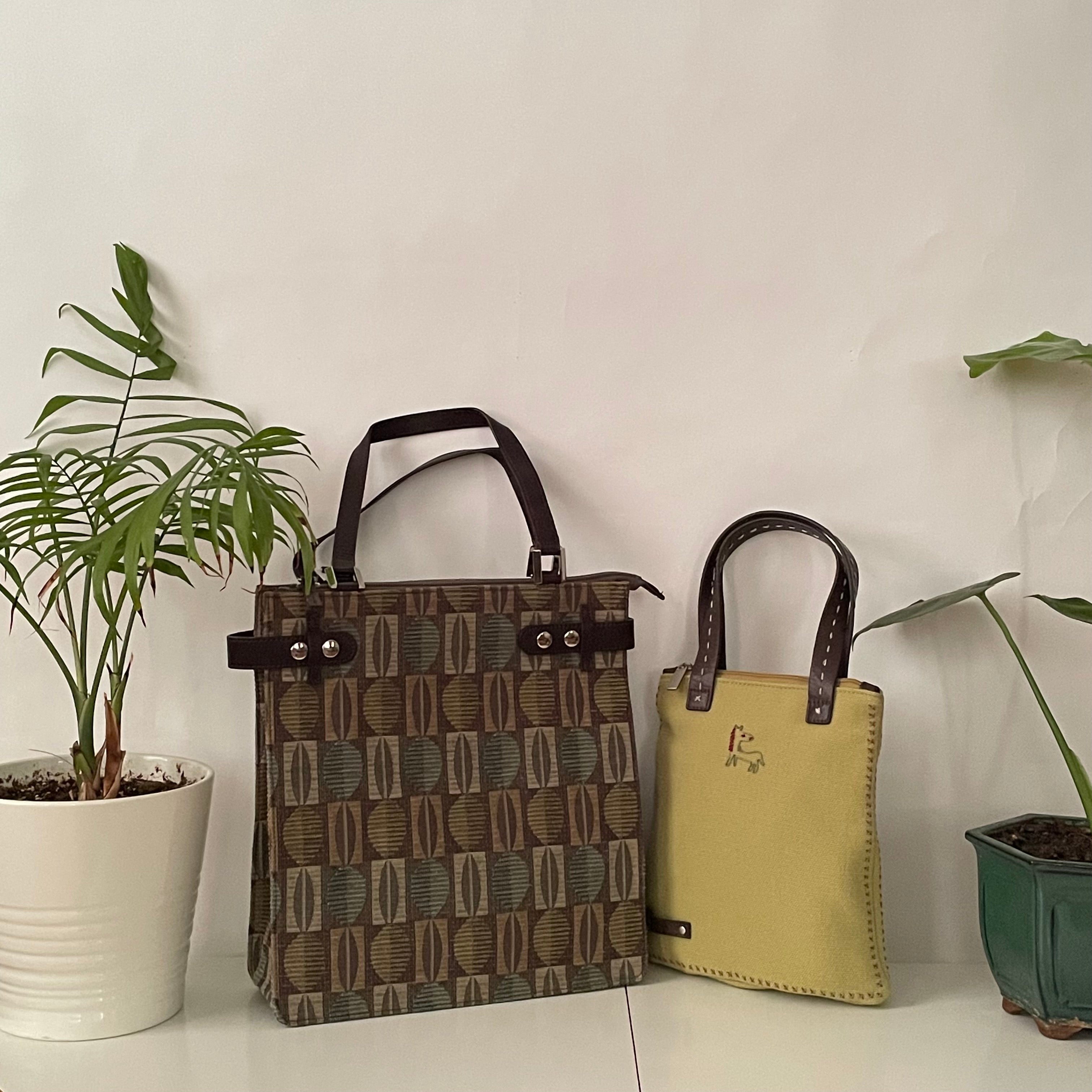 Premium Collection | Vintage Wool Fabric Mini Hand Bag with Leather Accents and Pony Embroidery | Lime x Chocolate