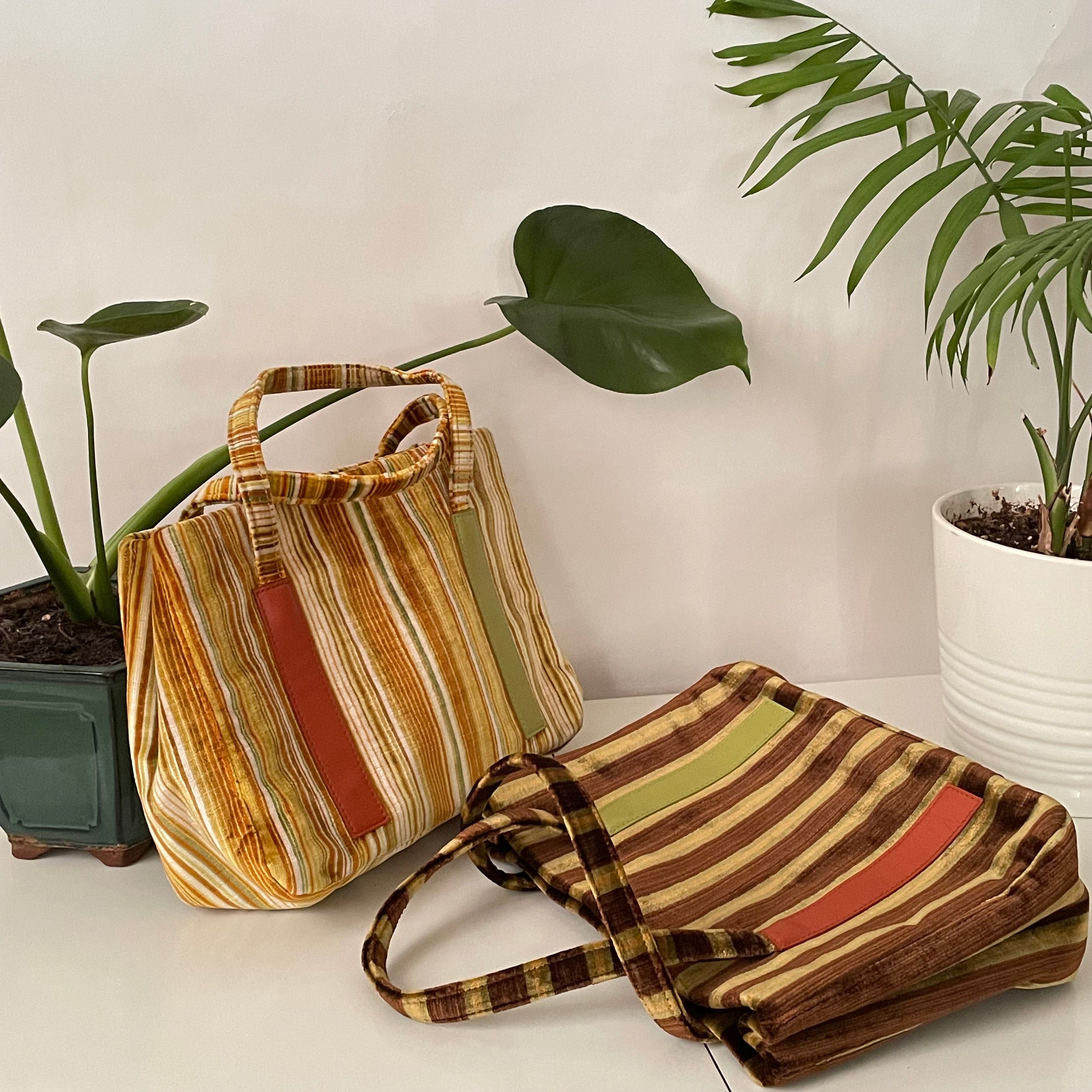 Premium Collection | Vintage Chenille Fabric Hand Bag with Rust and Lime Leather Accents | Yellow