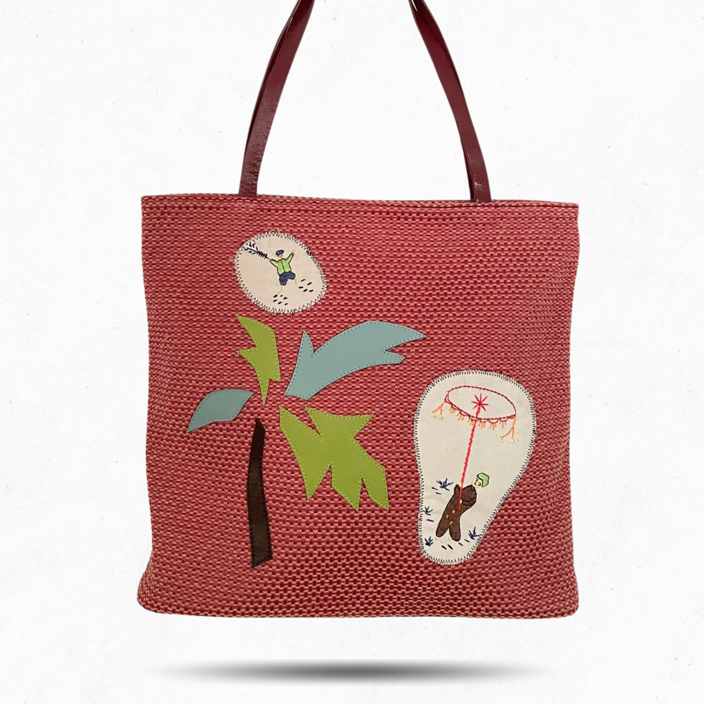 Premium Collection | Soft Cotton Tote with Palm Tree Embroidery Appliqué and Leather Handles | Red