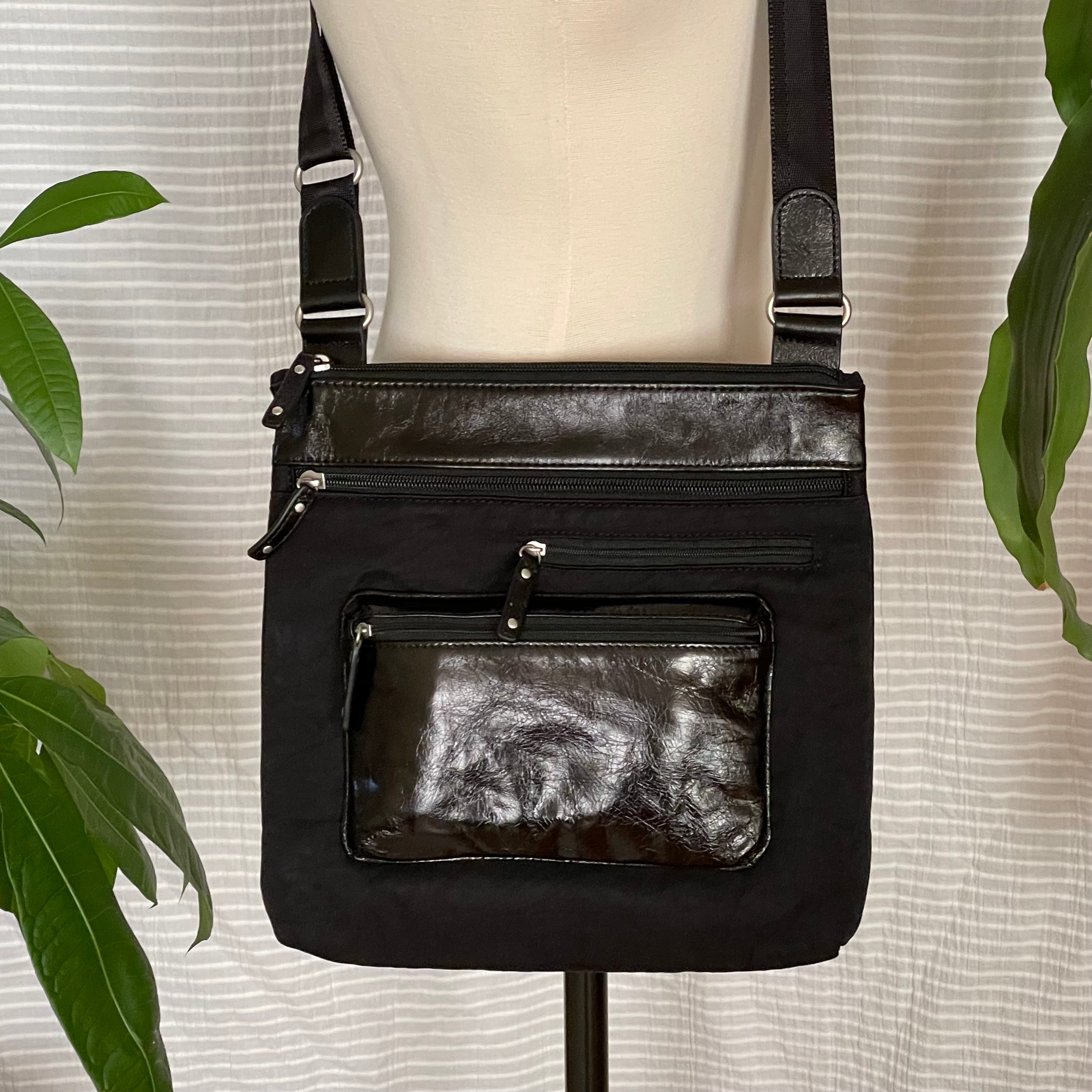 ALICE - Medium Nylon x Leather Shoulder with Front Pocket | Cross-Body Adjustable Shoulder Straps | Black