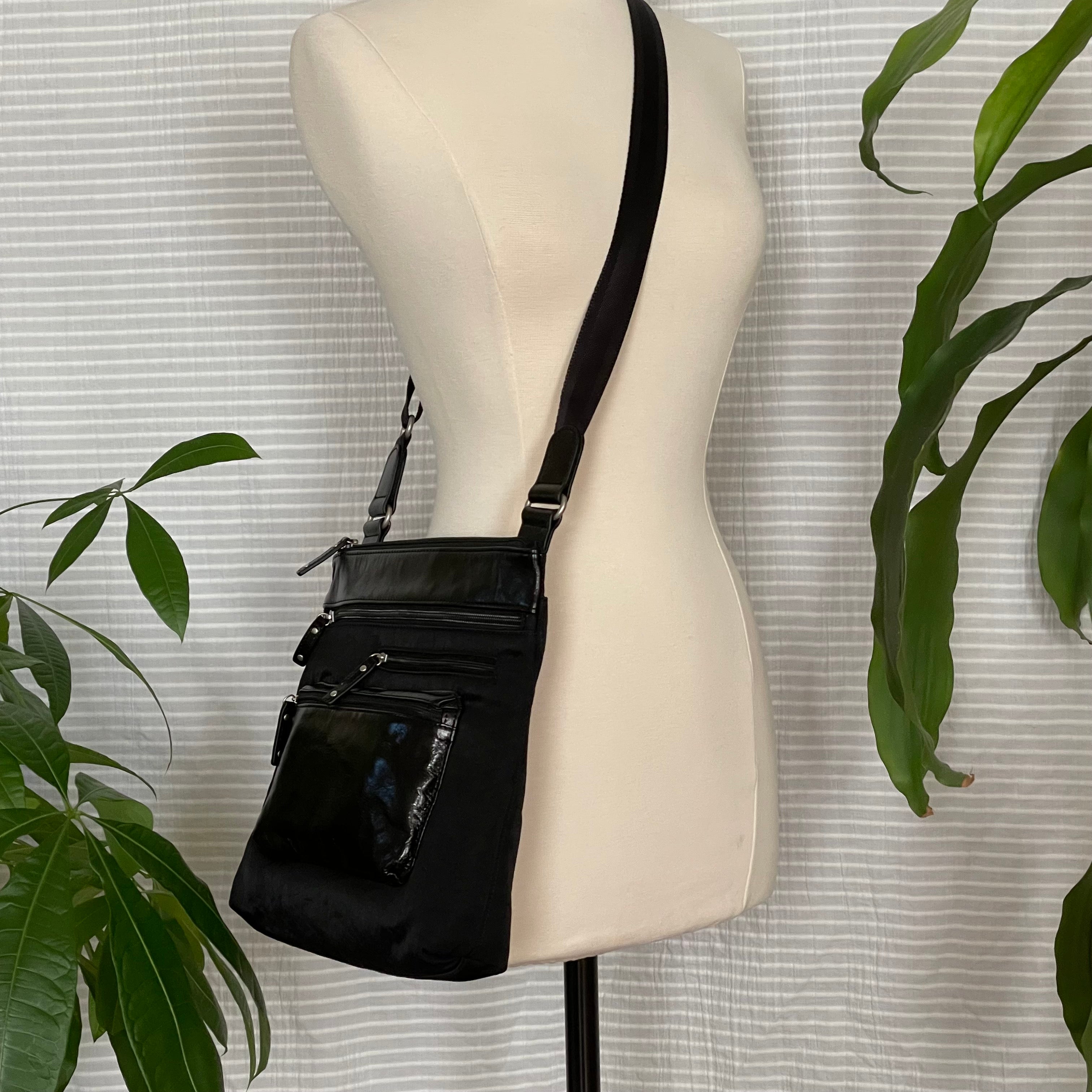 ALICE - Medium Nylon x Leather Shoulder with Front Pocket | Cross-Body Adjustable Shoulder Straps | Black