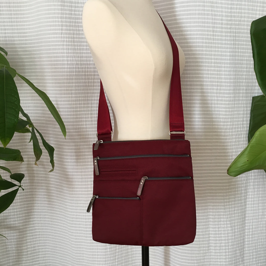Nico - Small Multi-Pocket Bag | Wine x Grey | Adjustable Cross-Body Strap 1.5